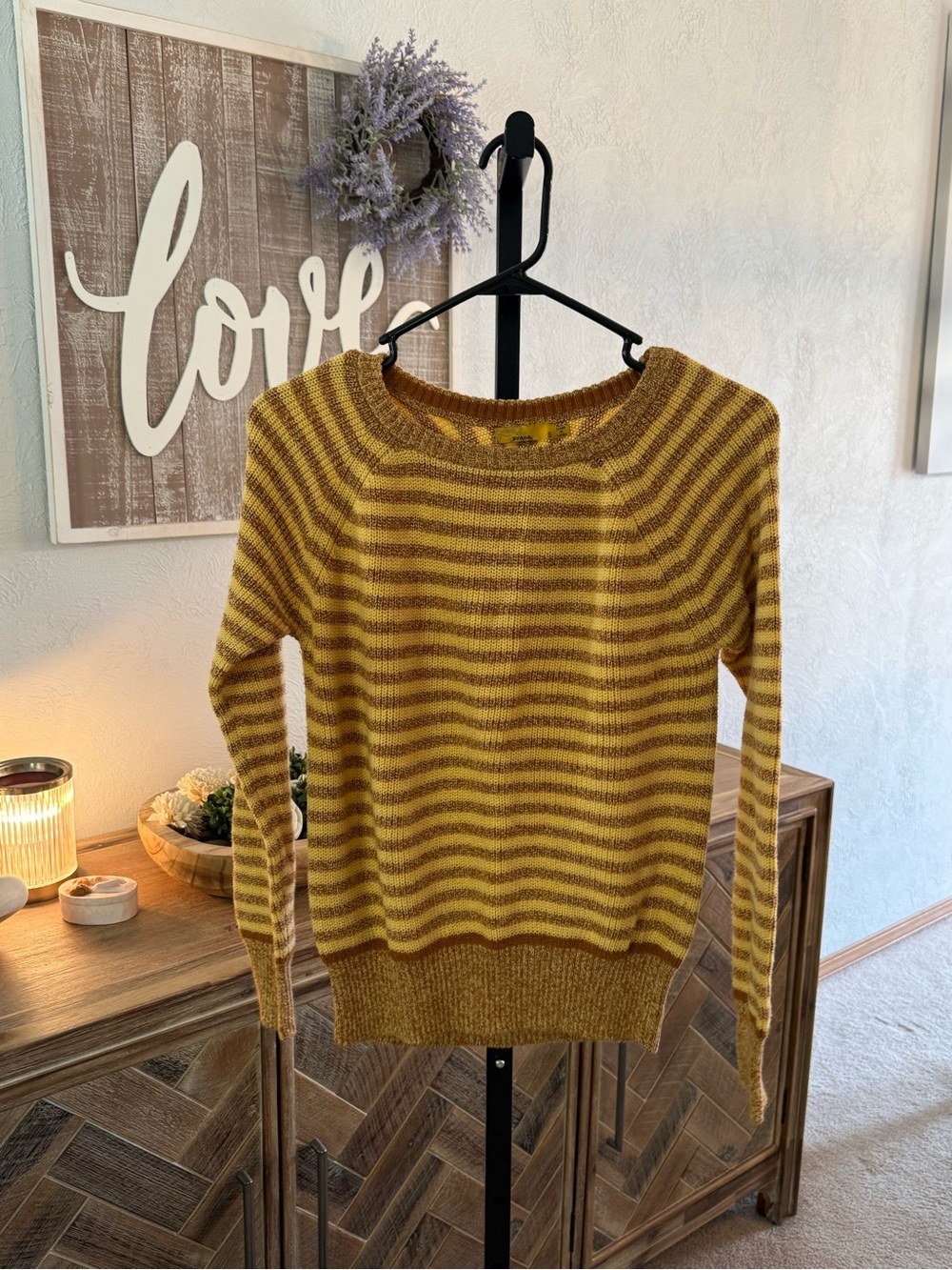 Prana Striped Crewneck Sweater in Mustard and Brown